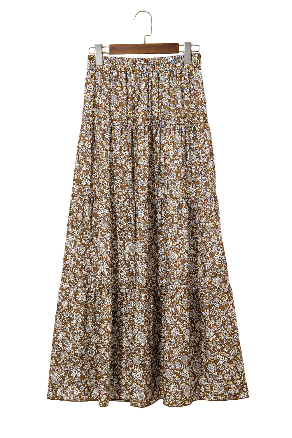Brown western floral print ruffle high waist maxi skirt with loose fit