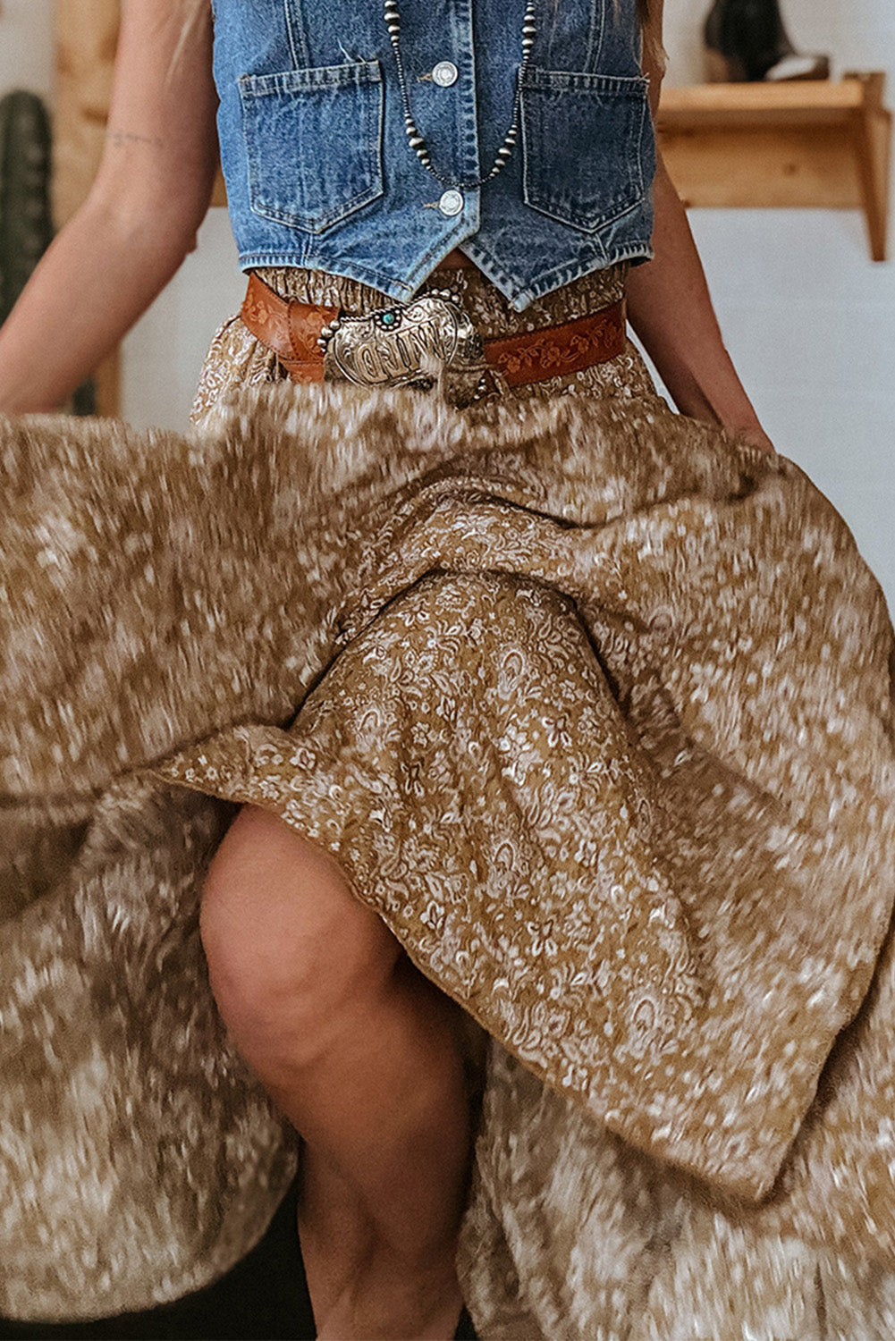 Brown western floral print ruffle high waist maxi skirt with loose fit