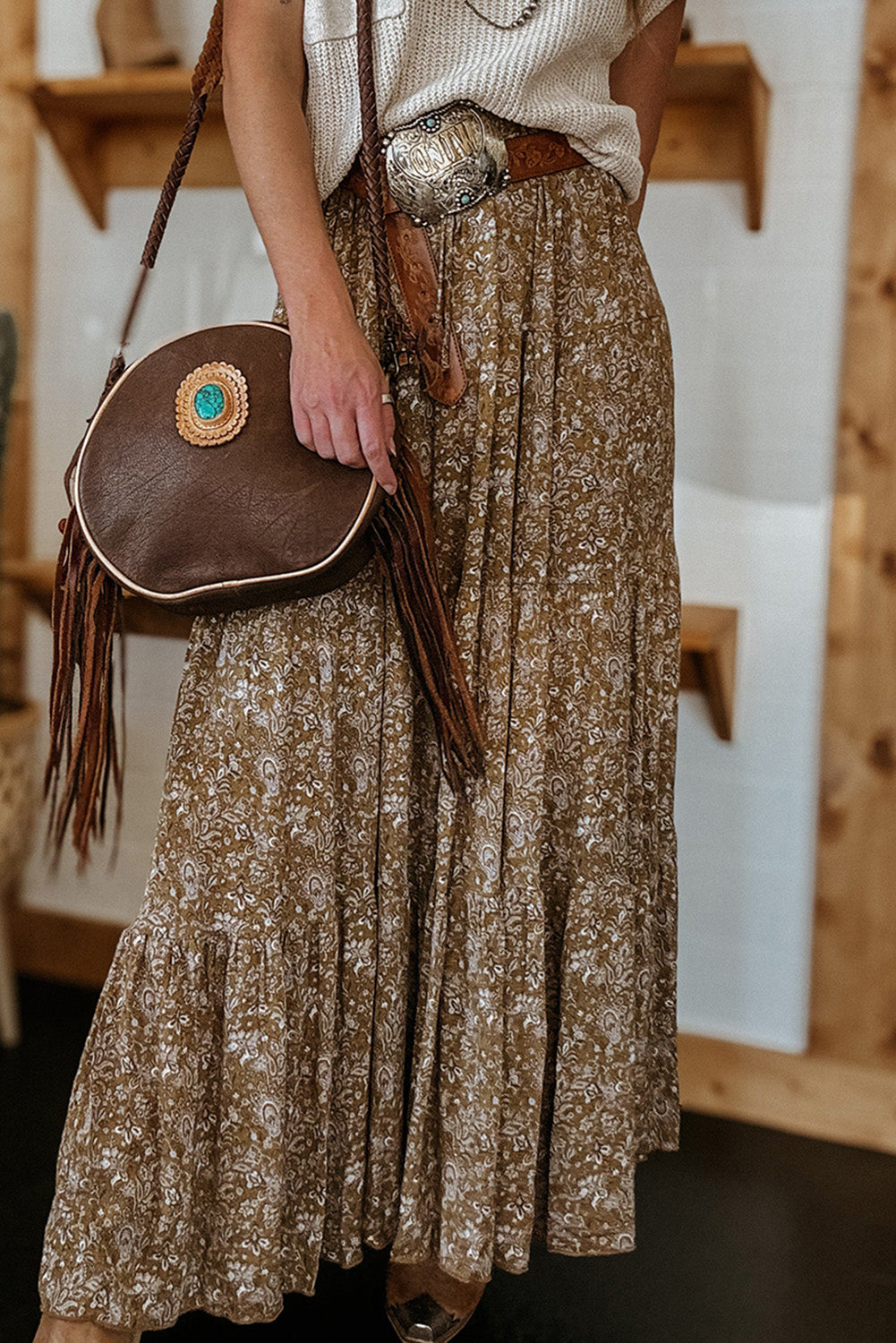 Brown western floral print ruffle high waist maxi skirt with loose fit