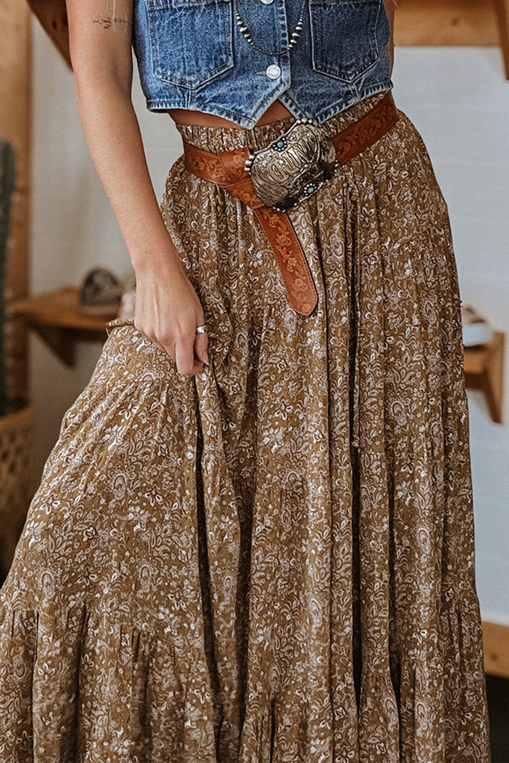 Brown western floral print ruffle high waist maxi skirt with loose fit