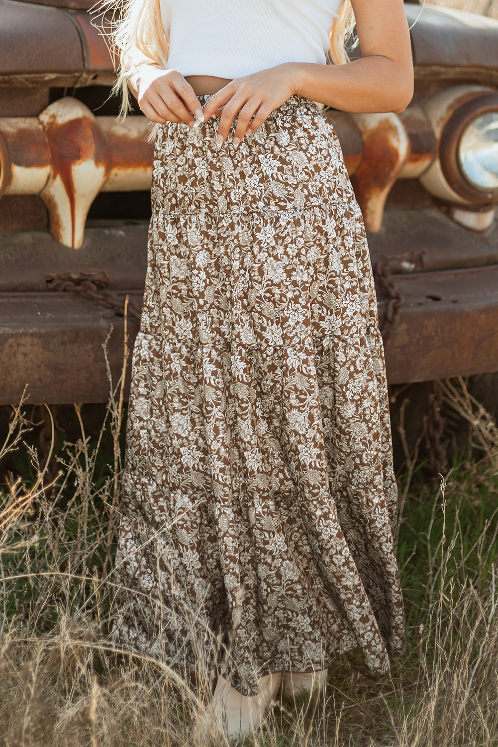 Brown western floral print ruffle high waist maxi skirt with loose fit