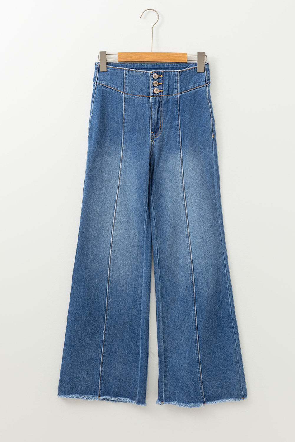 Navy blue high waisted button down flare with raw hems