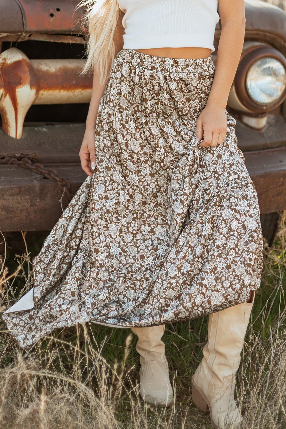 Brown western floral print ruffle high waist maxi skirt with loose fit