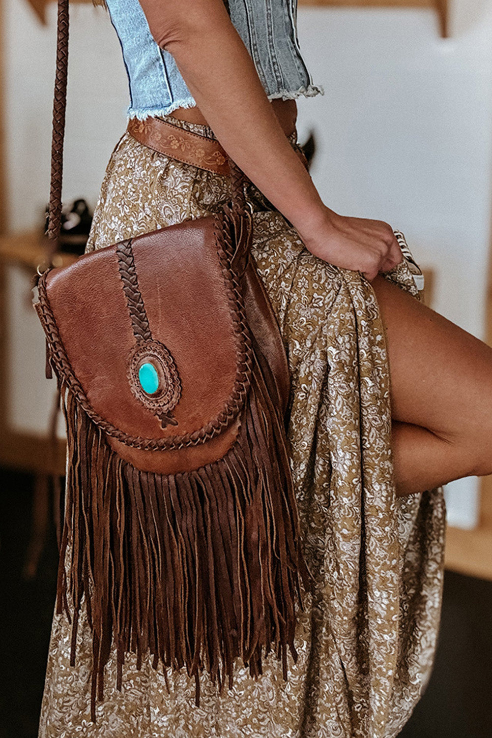 Brown western floral print ruffle high waist maxi skirt with loose fit