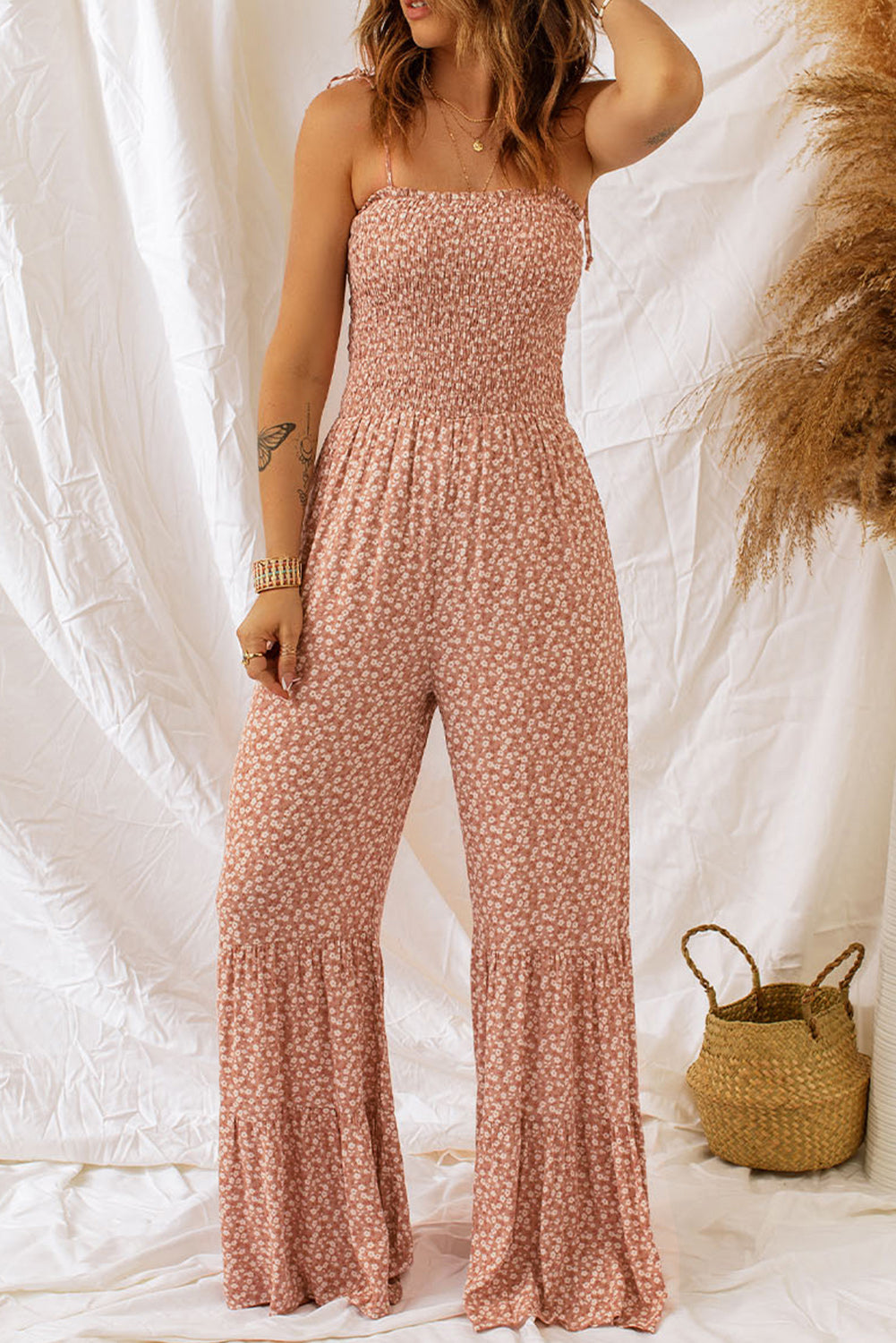 Khaki Thin Straps Bodice Ruffled Wide Leg Floral Jumpsuit