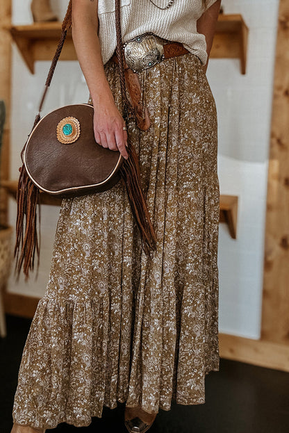 Brown western floral print ruffle high waist maxi skirt with loose fit