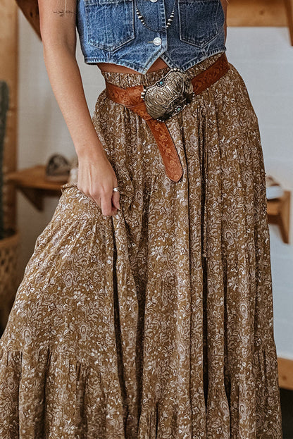 Brown western floral print ruffle high waist maxi skirt with loose fit