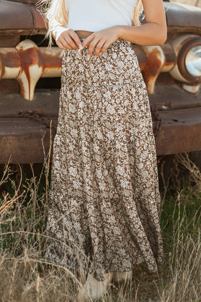 Brown western floral print ruffle high waist maxi skirt with loose fit
