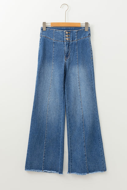 Navy blue high waisted button down flare with raw hems