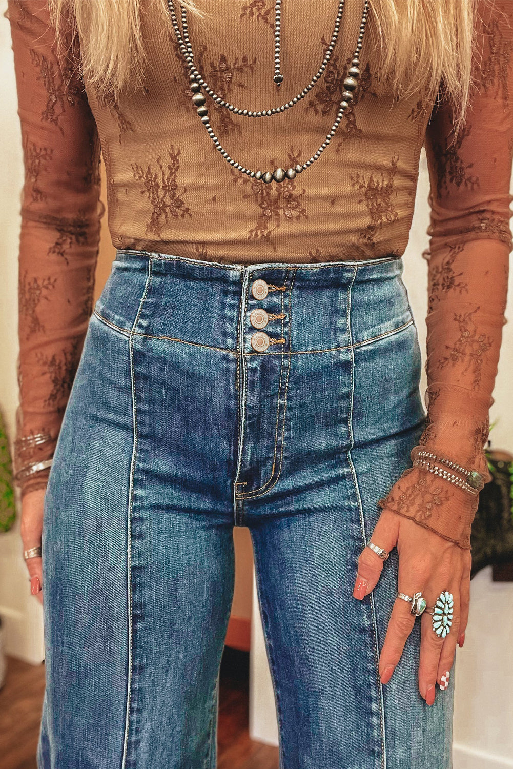 Navy blue high waisted button down flare with raw hems