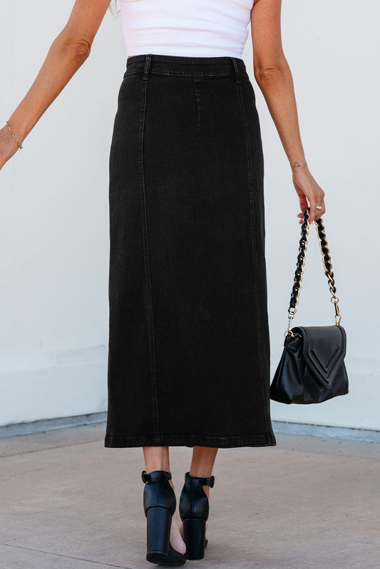 Black button fly, side split, high waist denim midi skirt