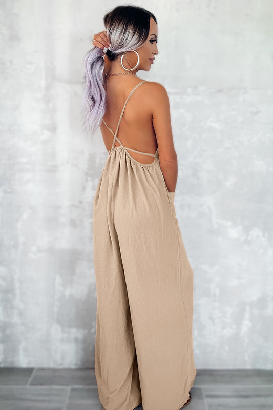 Apricot Spaghetti Strap Wide Leg Jumpsuit with Pockets