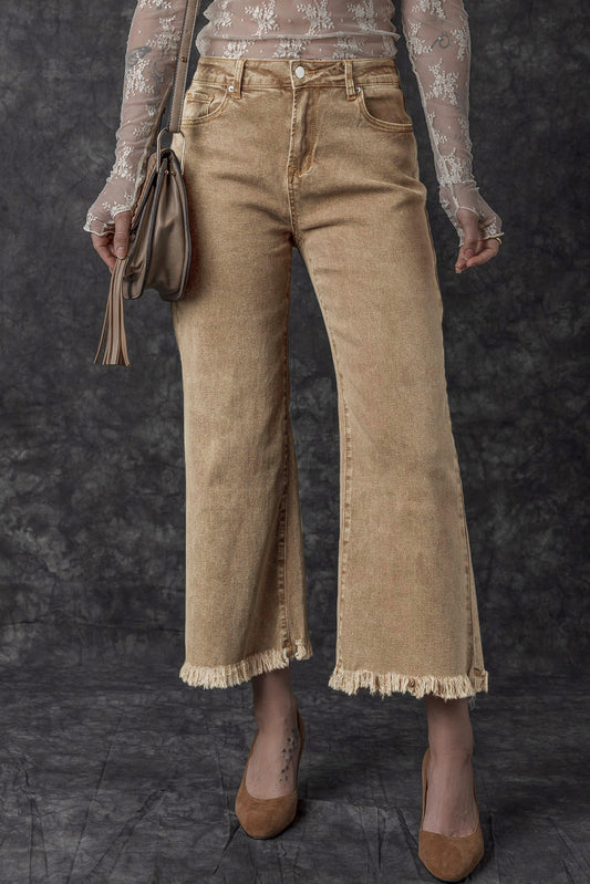 Light Beige Acid Washed High Rise Cropped Jeans with Wide Leg