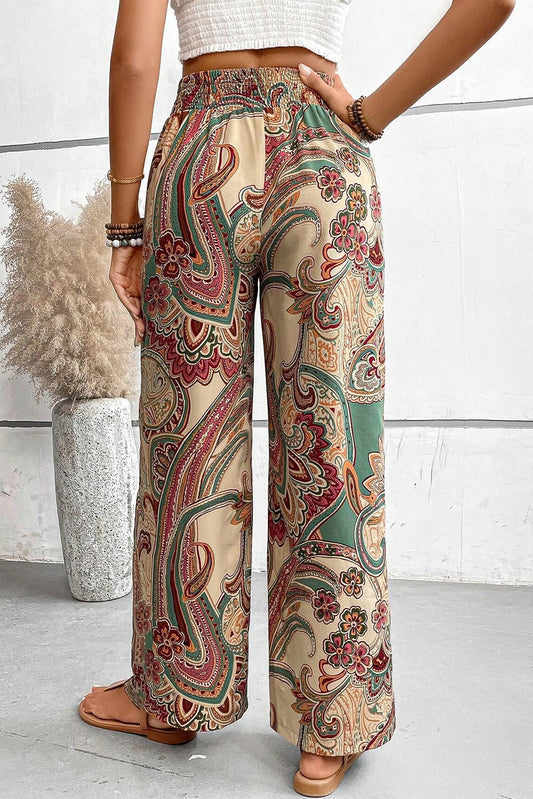 Khaki paisley print wide leg pants with boho elastic waistband