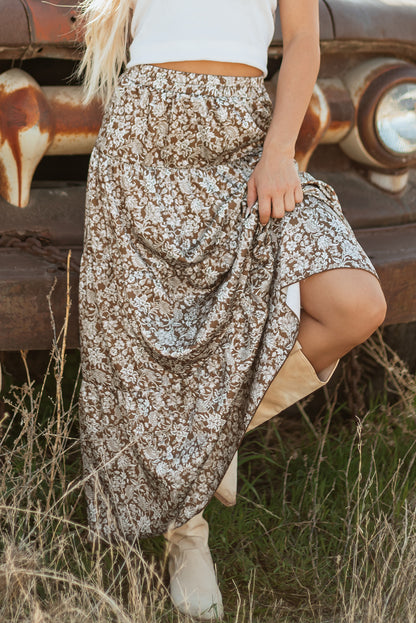 Brown western floral print ruffle high waist maxi skirt with loose fit