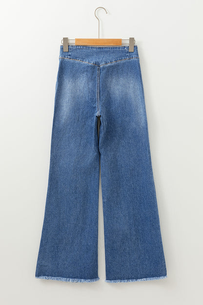 Navy blue high waisted button down flare with raw hems