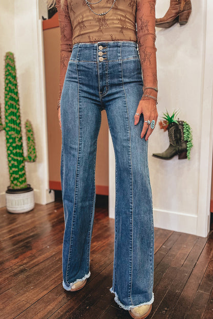 Navy blue high waisted button down flare with raw hems