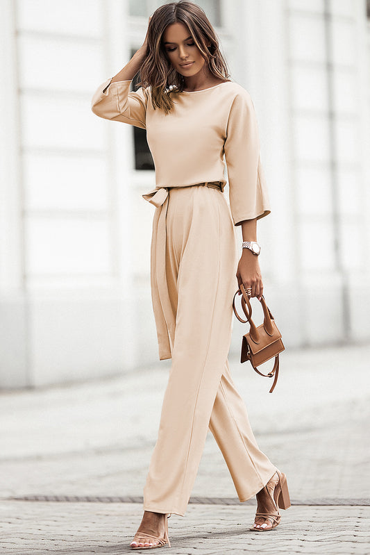 Apricot Bracelet Sleeve Tie Wide Leg Jumpsuit